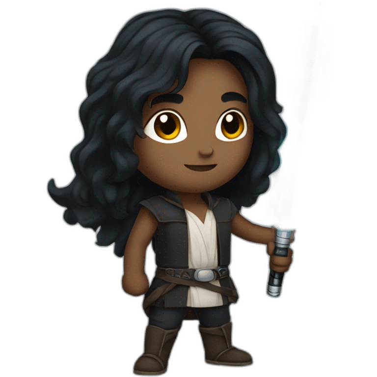 A Portuguese with long black hair holding a lightsaber emoji