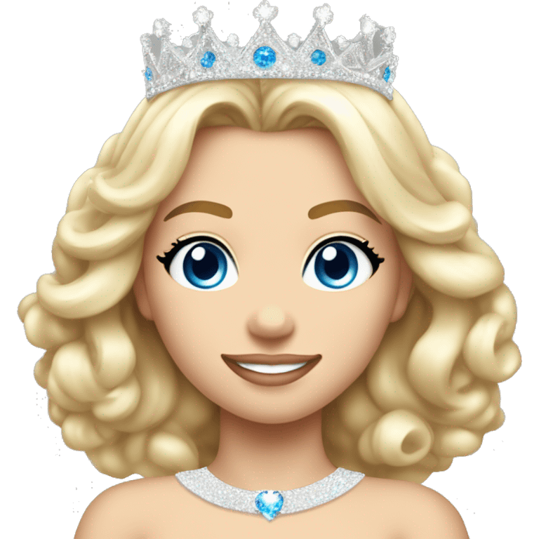 13 year old girl with blonde hair and blue eyes wearing a sparkly all white full pageant gown and a pageant crown that is only silver in color full body emoji