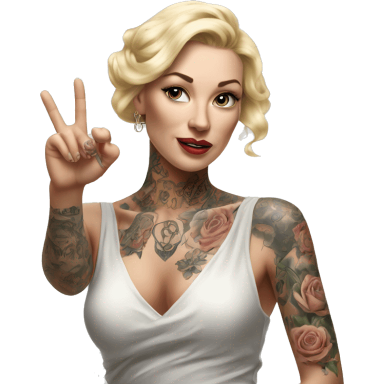 Blonde elegant women, her Body Covered with Tattoos, POINTING YOU with her HAND , Hyper realistic emoji