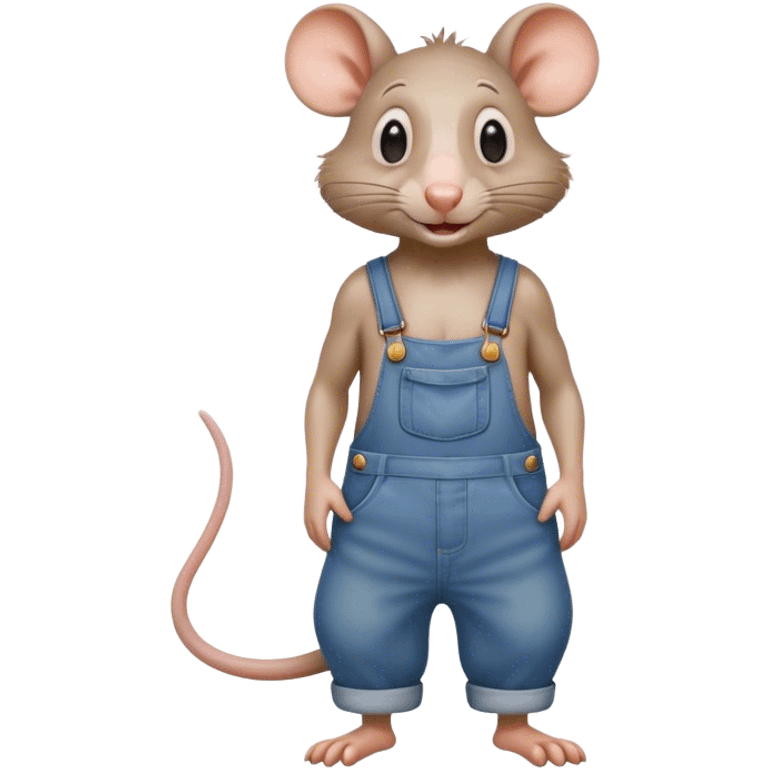 cartoonish hillbilly rat wearing overalls no shirt standing and talking. human eyes emoji