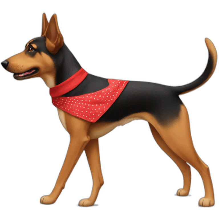 coonhound and German shepherd mix dog wearing red bandana and walking left emoji