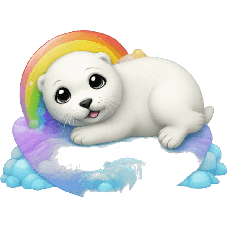 harp seal pup with a rainbow emoji