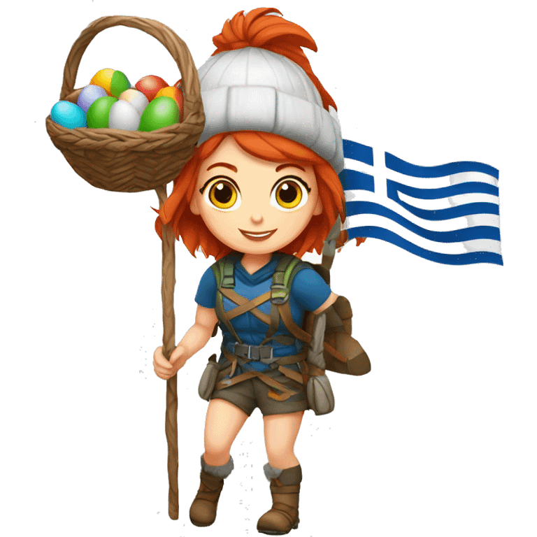 Greek Female winter mountaineer red hair white skin climbing with Greek Flag and Easter eggs basket emoji