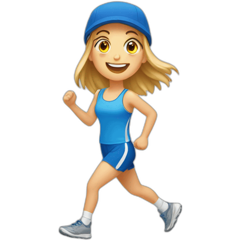 full-length cheerful European girl doing sports emoji