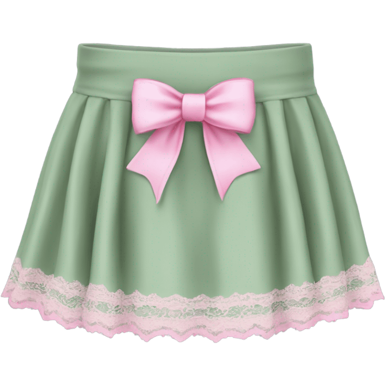 Sage green a-line mini skirt with pink lace and bows, isolated emoji