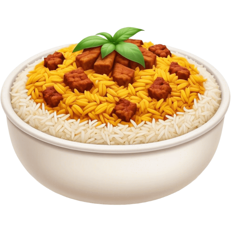 Cinematic Realistic Biryani Dish Emoji, depicted as aromatic basmati rice layered with spiced meat and herbs rendered with vibrant textures and warm, inviting lighting. emoji