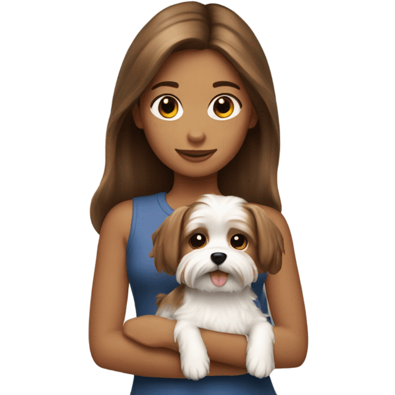 a girl with brown hair holding a white morkie dog emoji