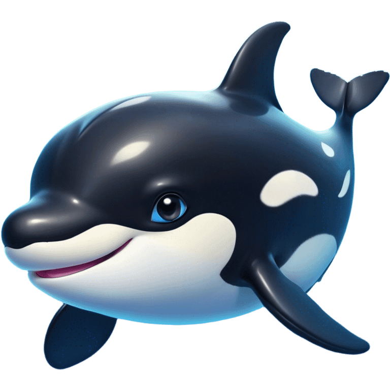 Cinematic Cute orca Portrait Emoji, Head tilted playfully and inquisitively, featuring a smoothly rounded body with bright, sparkling eyes and an adorable, friendly smile, Simplified yet irresistibly adorable features, highly detailed, glowing with a warm, ocean-blue glow, high shine, affectionate and lively, stylized with a touch of whimsical aquatic charm, soft glowing outline, capturing the essence of a mischievous yet endearing orca that seems as if it could leap right into your heart! emoji