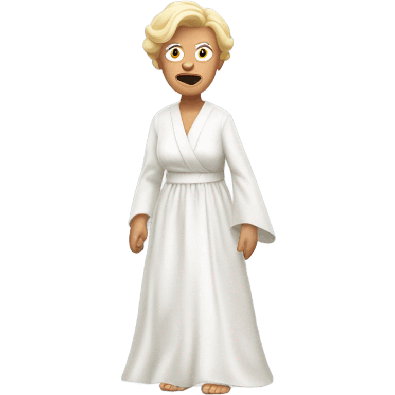 angry blonde granny in a white robe chasing a ginger boy in a wedding dress  emoji