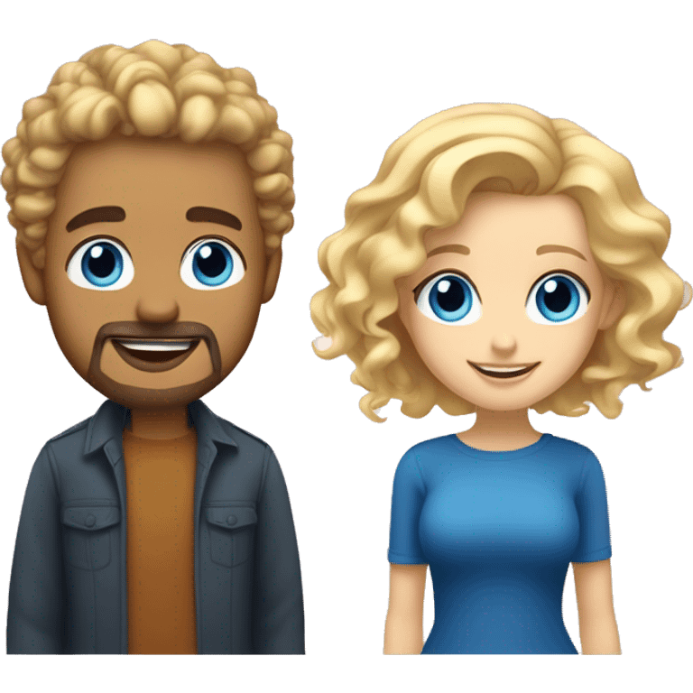 a man with blonde hair and a blonde goatee and blue eyes, and a woman with blue eyes and darker blonde shoulder length curly hair. they're smiling and in love emoji