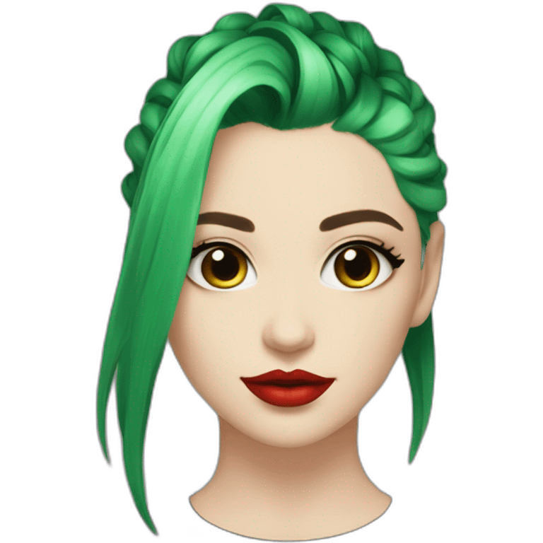 green hair, black outfit, white girl, red lips, looking directly camera, e girl, short hair emoji