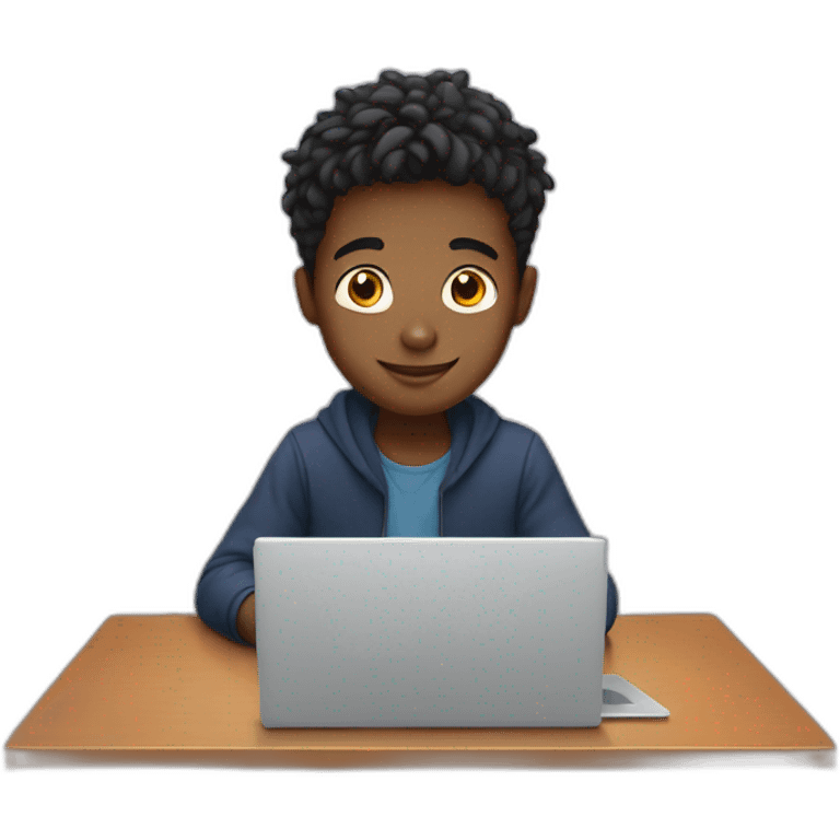 A boy sitting on table with laptop emoji