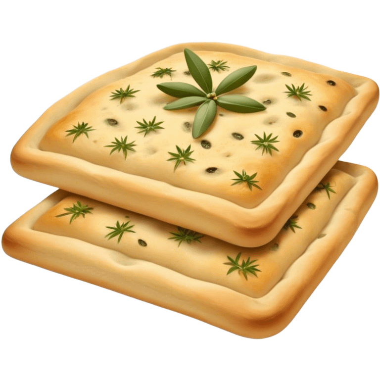 Focaccia Cinematic Realistic Focaccia Bread Dish Emoji, depicted as a golden, olive-oil brushed flatbread sprinkled with herbs, rendered with lifelike textures and warm, inviting lighting. emoji