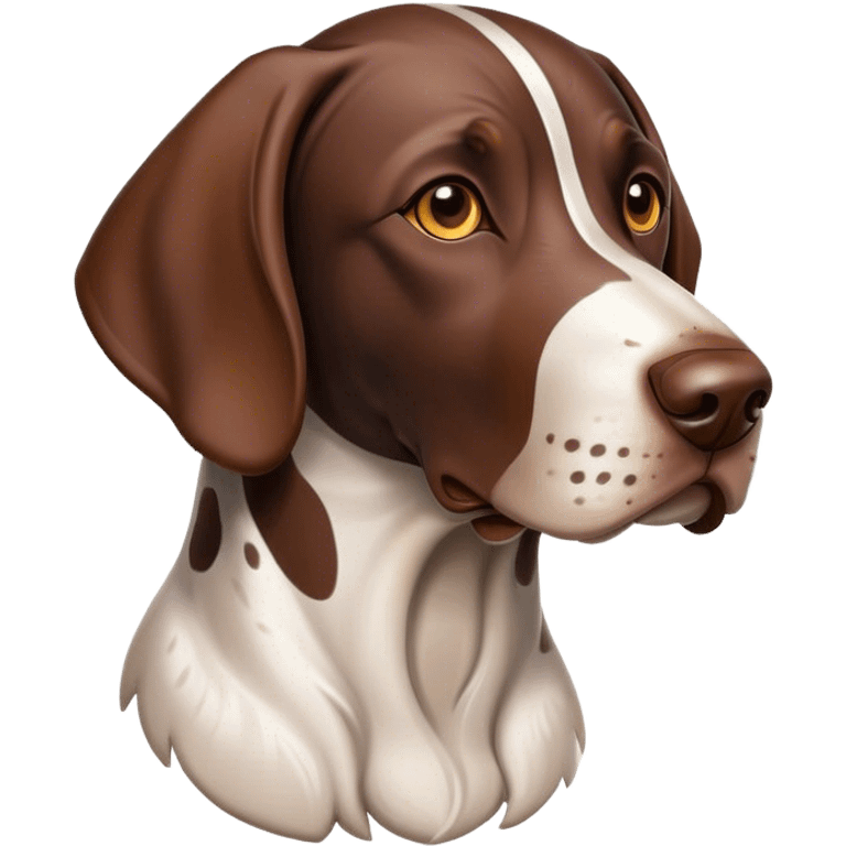 Cinematic German Pointer Portrait Emoji, Elegant and alert, sleek brown and white tones, Simplified yet sharp features, highly detailed, glowing with a warm, confident glow, high shine, intelligent and poised, stylized with an air of grace, focused and attentive, soft glowing outline, capturing the essence of agility and loyalty, so lifelike it feels as though it could spring into motion at any moment! emoji