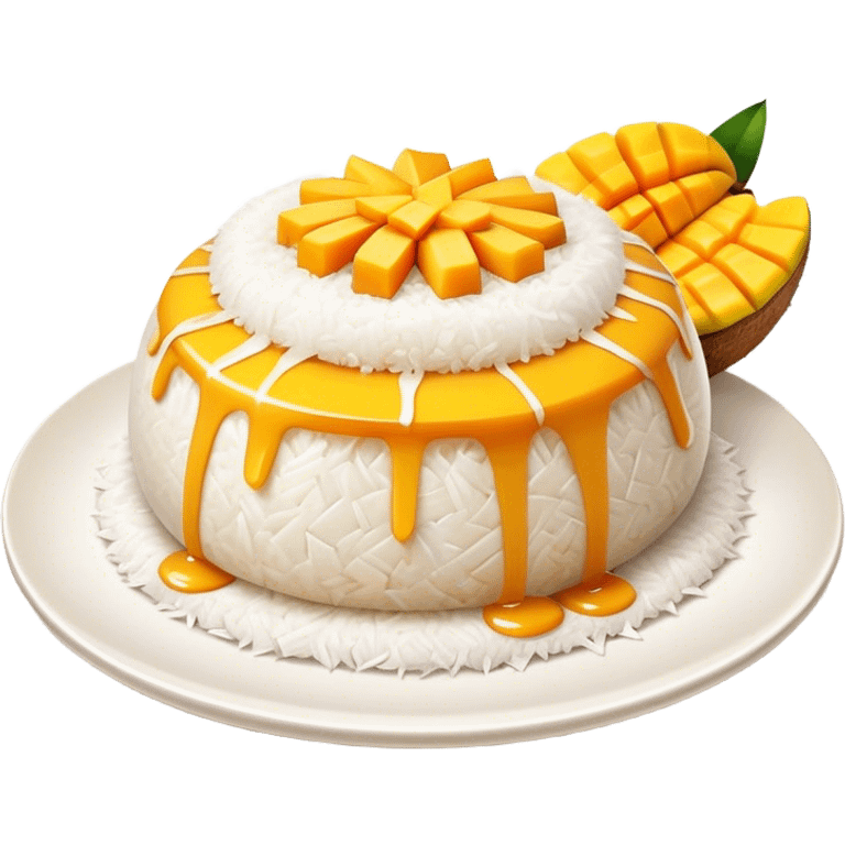 Mango Sticky Rice Cinematic Realistic Mango Sticky Rice Dessert Emoji, depicted as sticky rice drizzled with coconut milk topped with a layer of coconut cream, accompanied by sliced mango on the side of the plate, rendered with vivid textures and warm, tropical lighting. emoji