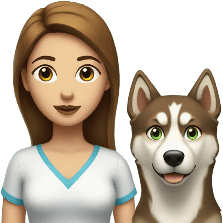 Brown hair  woman with blue eyes with a golden Husky with green eyes emoji