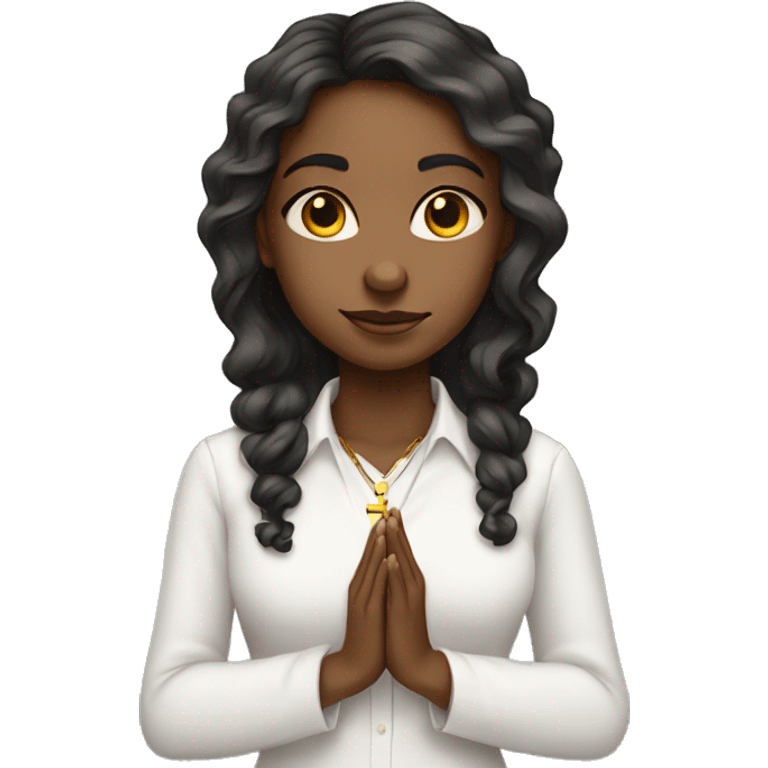 Young Black woman wavy hair praying with cross necklace in hands white collar shirt emoji