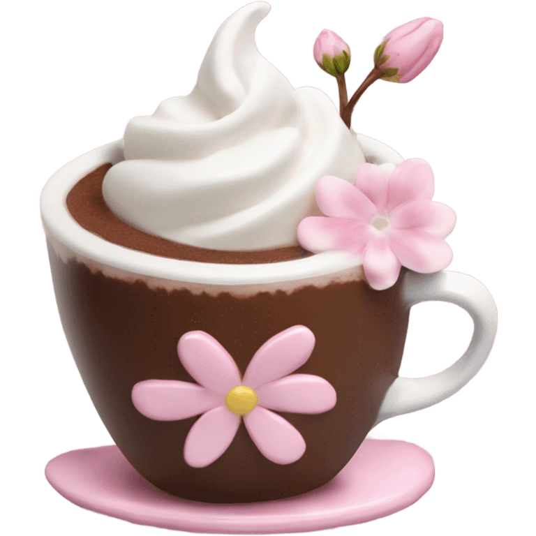 Hot chocolate with pale pink flower and whipped cream emoji