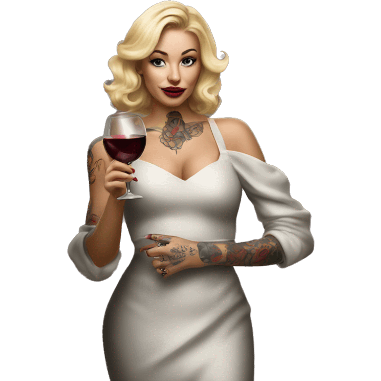 Blonde elegant women, her body covered with tattoos, wine in her one hand, pointing myself with her other hand , Hyper realistic emoji