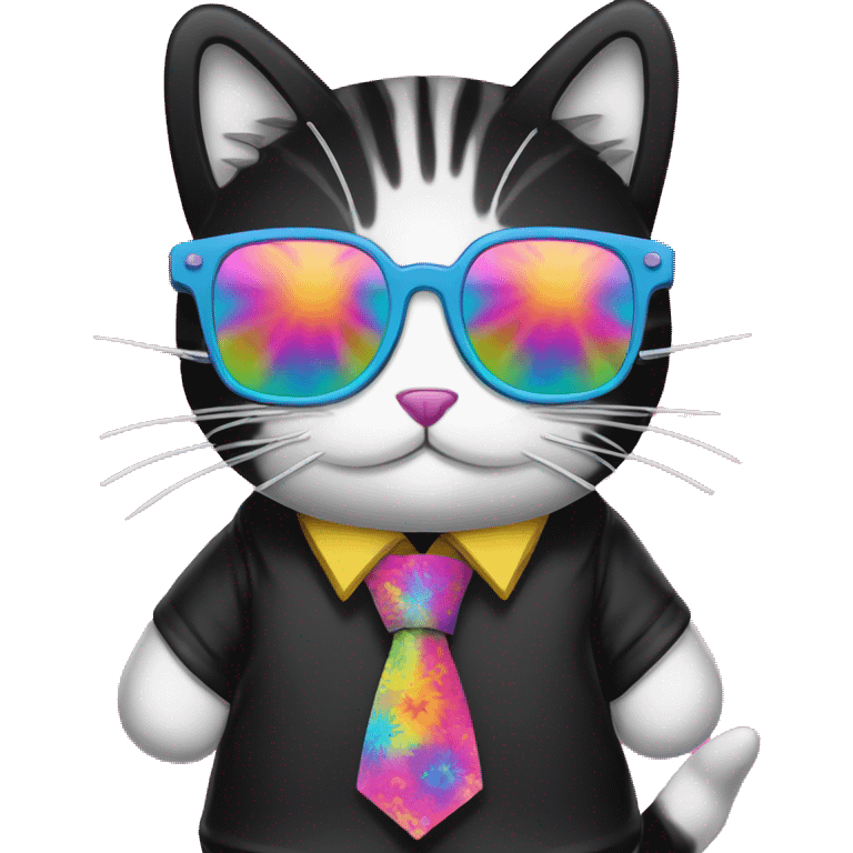 Psychedelic trippy tie die cartoon kawaii miffy Cathy hello kitty cat wearing black sunglasses  emoji