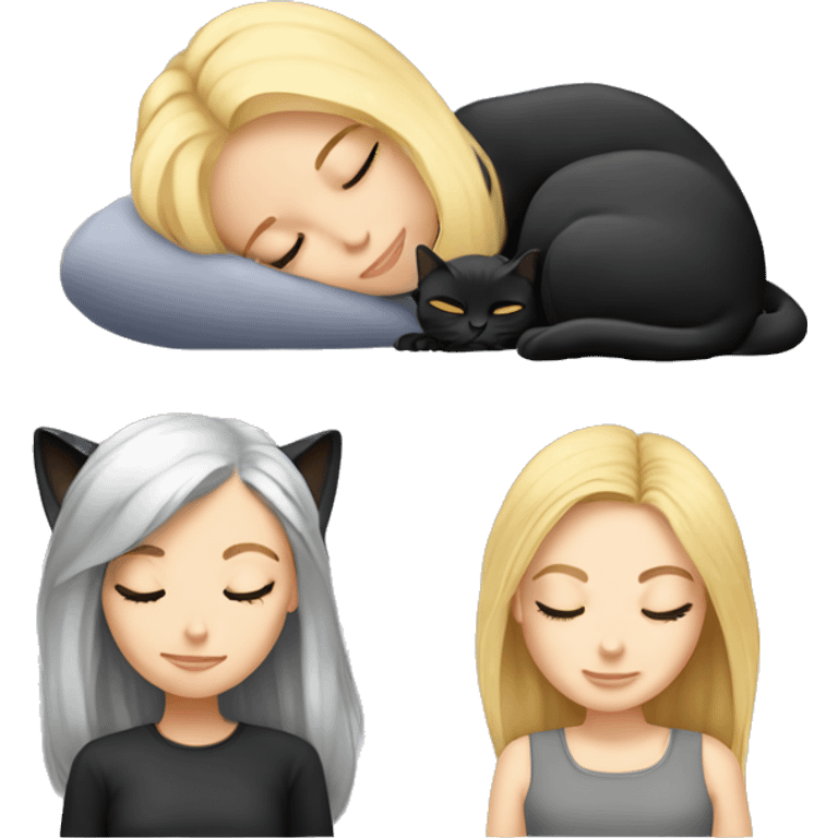 Girl with blonde hair sleeping with a black cat and grey cat  emoji