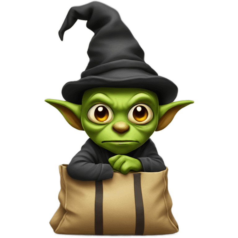 Goblin with a loot bag wearing hat for his eyes not to be seen emoji