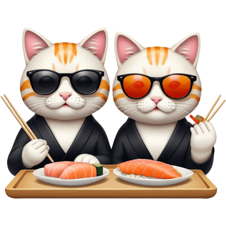 two cool cats wearing sunglasses and eating sushi emoji