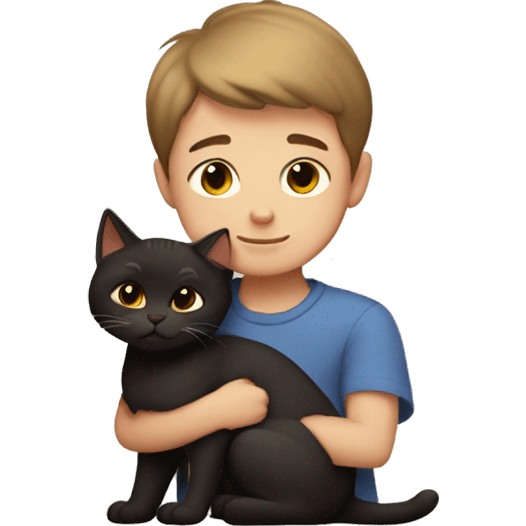 Boy with short hair cuddling dark brown cat emoji