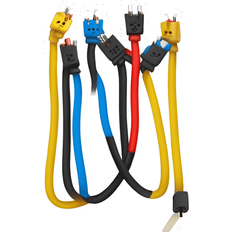  cable electrique, noir cassé, légèrement courbé. Fils : Trois fils colorés (rouge, bleu, jaune) sortent du câble. Effets : Étincelles ou éclairs subtils autour des fils pour suggérer de l'électricité.  emoji