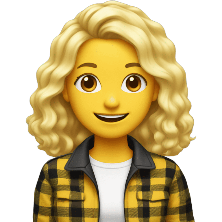 Teen girl with blonde hair pass shoulders a very 90s sense of fashion with a big smile, ditzy, and wearing yellow and black plaid emoji