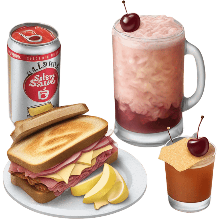 shirley temple drink with cherries and a Reuben sandwich emoji