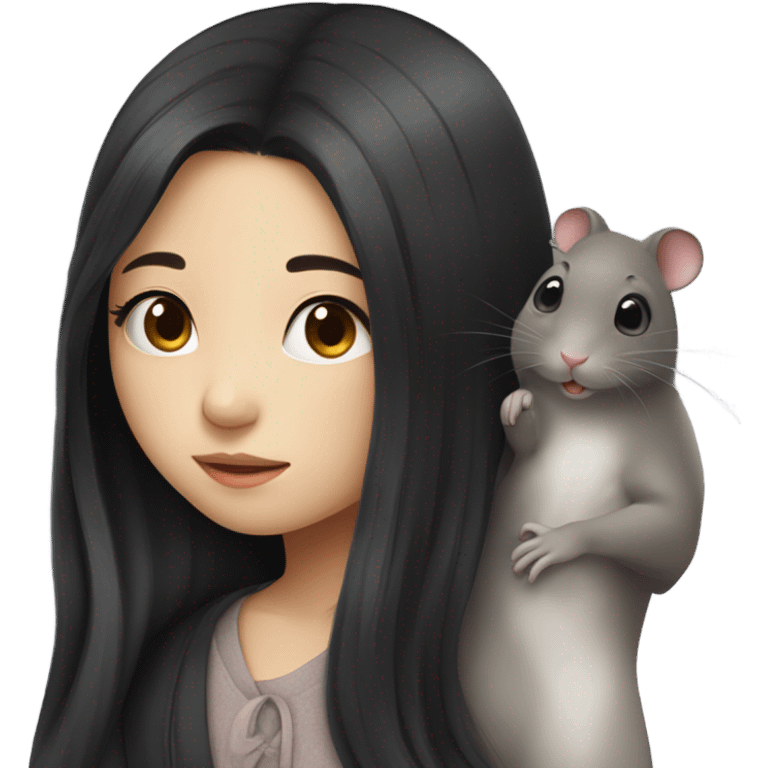 A korean girl with long black hair whispering to a rat emoji