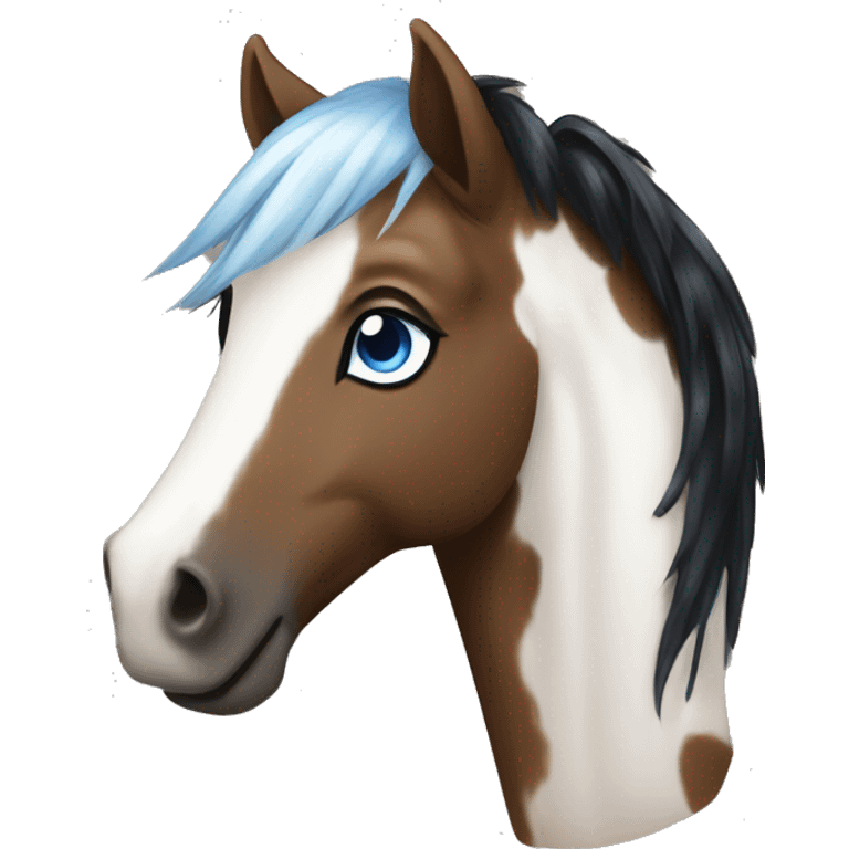 Brown and white spotted pony with black hair and blue eye emoji