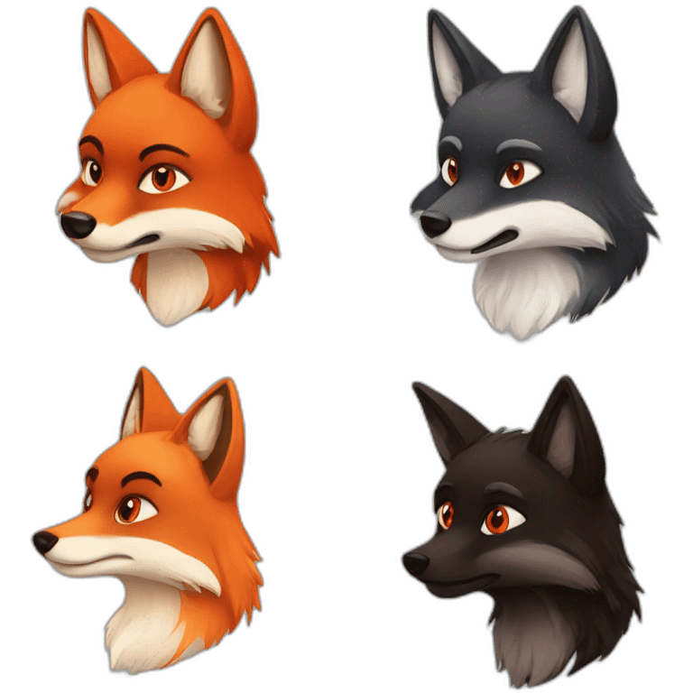 one red fox  one black fox one brown fox with red eyes emoji