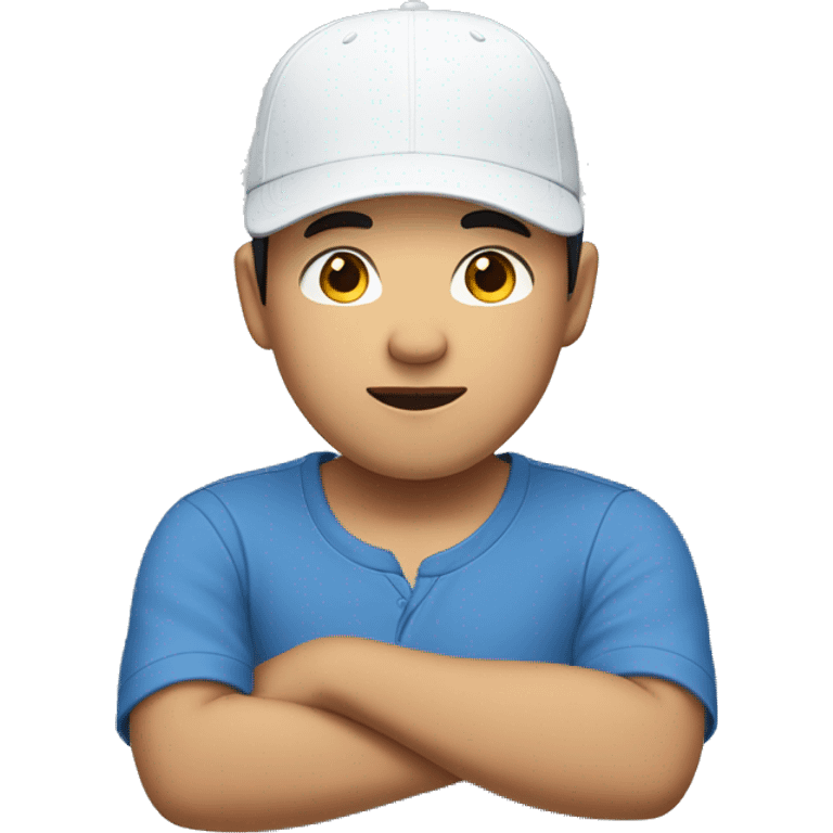 A handsome Asian boy wearing a blue short sleeve shirt and a white cap hat upside down emoji