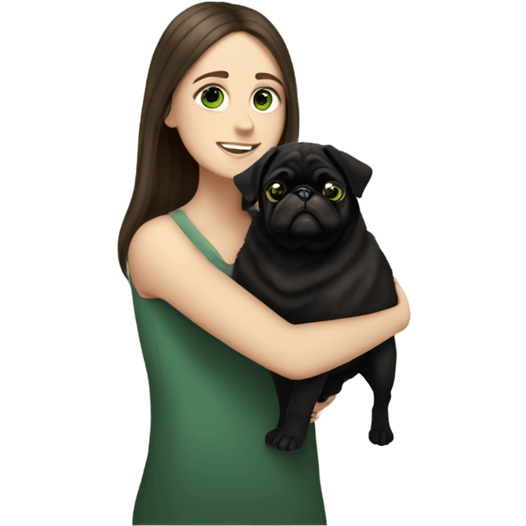 White girl green eyes brown long hair cuddling happy black pug dog emoji