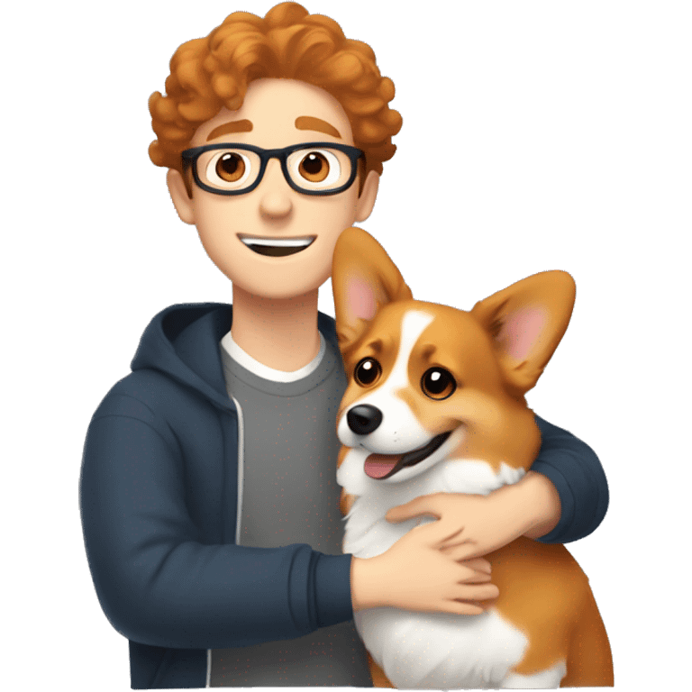 A young man with wavy hair and thin eyeglasses hugs a red-haired corgi emoji