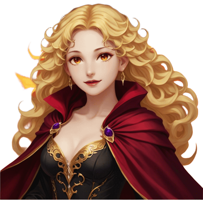 A breathtakingly beautiful female Fae with golden, wavy hair cascading down her back, her amber eyes sparkling with both warmth and untamed power. She wears a fitted black bodice paired with an opulent crimson cloak, the fabric swirling around her like liquid fire. Her lips are curved in a knowing smile, her posture both regal and effortlessly confident emoji