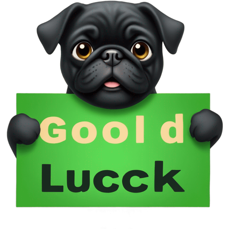 Black pug holding a green sign that says good luck  emoji