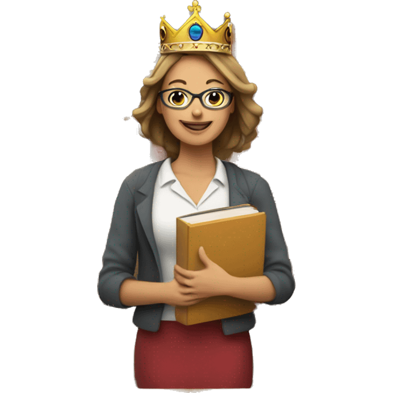 a relaxed female teacher who is on the top wearing a crown, enjoying the best life, surrounded by books  emoji