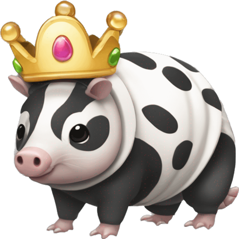 Black and white piebald chubby round armadillo pig panda centipede armadillo wearing a crown emoji