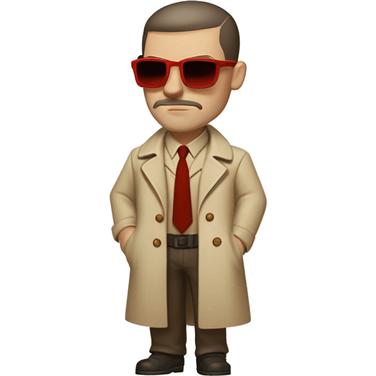 1930s investigator, a Caucasian man with short, buzz cut dark hair and a rough beard, wears tiny red-tinted sunglasses and a dirty beige trench lab coat. He has a serious demeanor. emoji