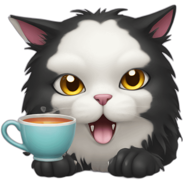 black and white monster cat drinking tea emoji