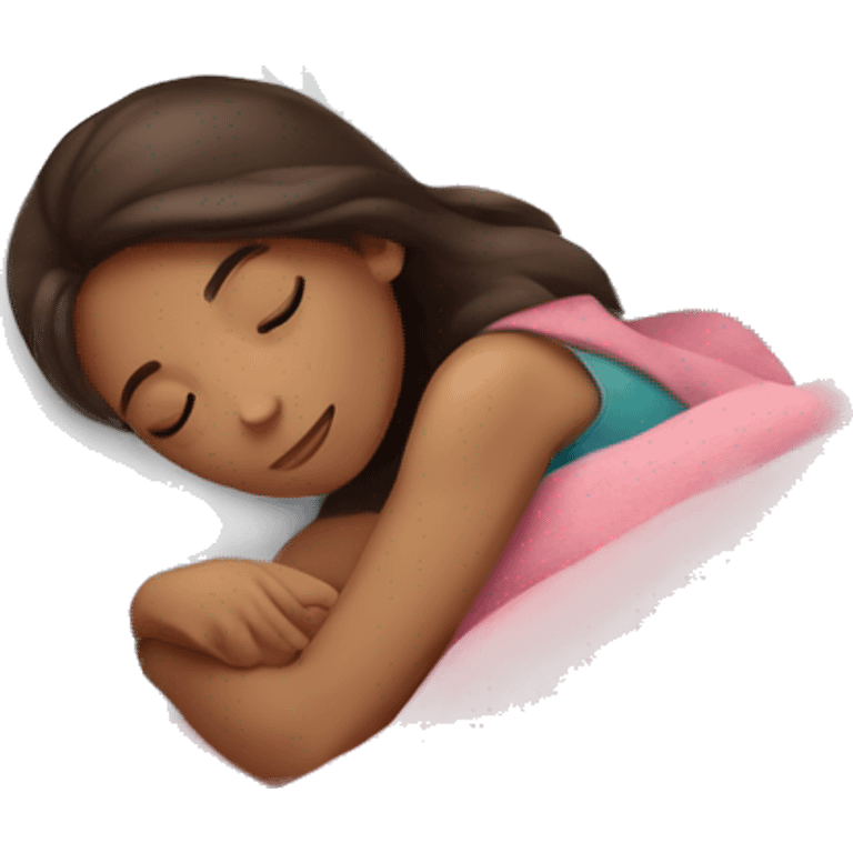 Brunette girl sleeping on side with pink blanket emoji