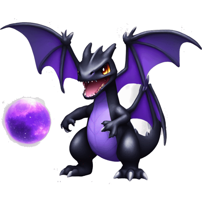 Black shiny nebula chibi Charizard-Raptor-Fakémon with purple accents full body emoji