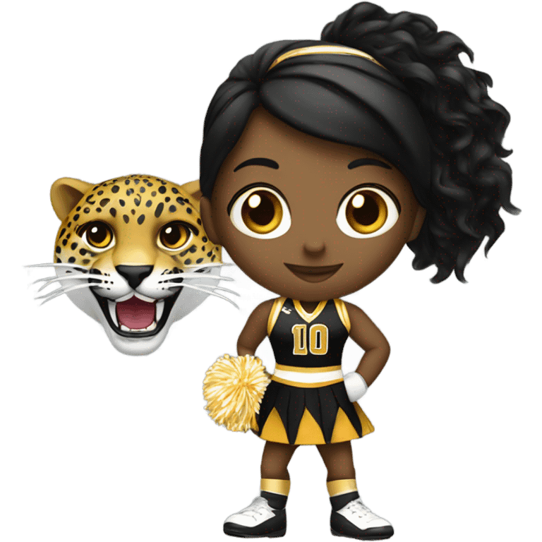 Cheerleader with black and gold uniform whose mascot is a jaguar  emoji