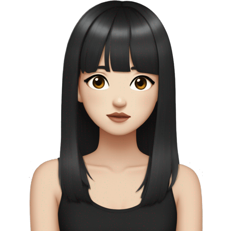 Korean girl, black tank top, black hair, black eyes, layered hair, cool girl, aesthetic, long hair, hime cut, blunt bangs, small silver hoop earrings emoji