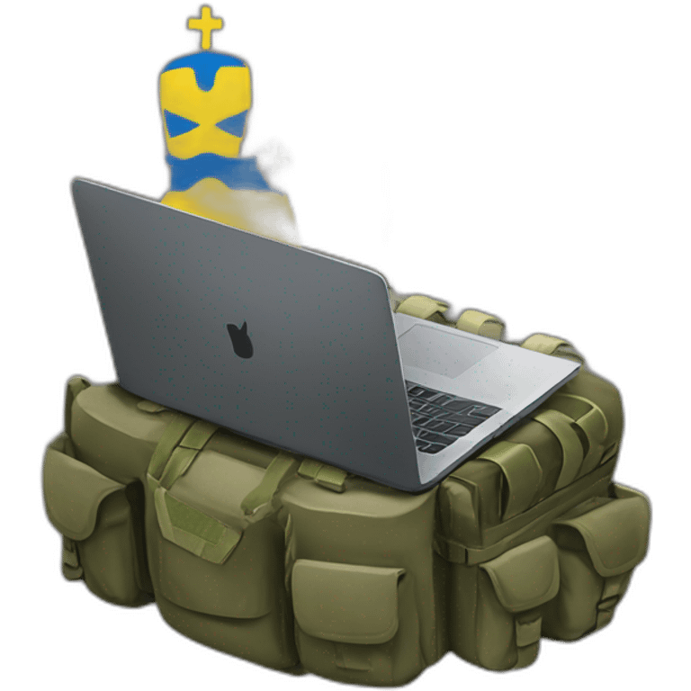 Some military gut with ukrainain flag on shouder with laptop coding emoji