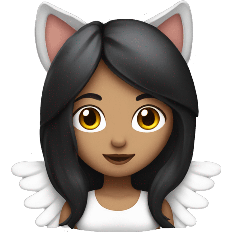 A female angel with long black hair and cat ears emoji