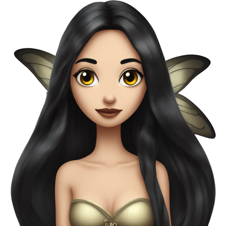 fairy with long, flowing black hair. She is slender with an hourglass figure and has strikingly large, expressive eyes. The fairy is applying black mascara to her long lashes, showcasing her beauty and elegance emoji